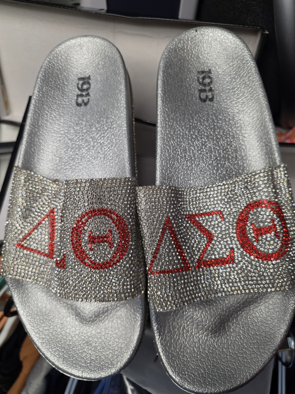 Delta Silver Rhinestone Slide Sandals with Red Greek Letter Detail